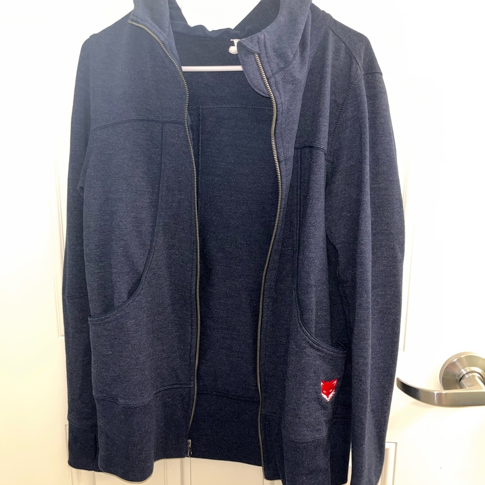 Navy Blue Zip-Up Hoodie with Red Fox Patch